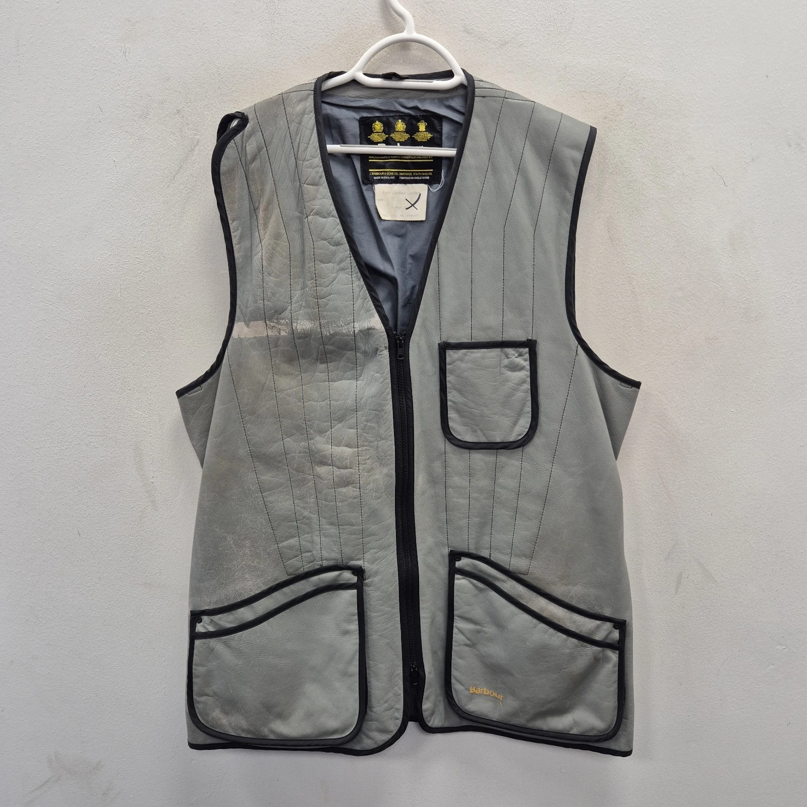 Barbour Vintage Langdale Grey Leather Hunting Sporting Gilet Vest Size C 48