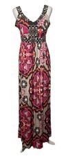 Y2K Maxi Dress Medium Sleeveless Floral Geometric V Neck Boho Stretch Festival