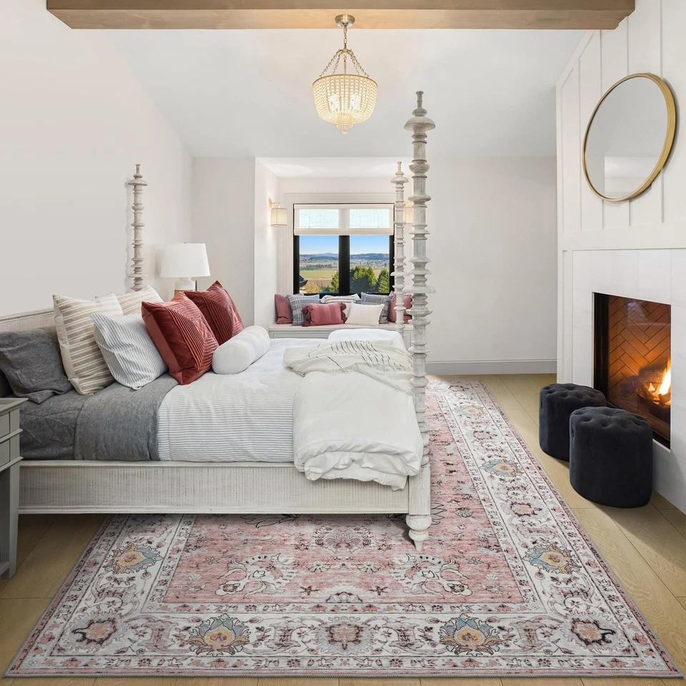 Tapete de área lavável 5x7, tapetes boho grandes para sala de estar, tapetes rosa para quarto... - Imagem 2 de 4