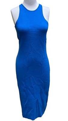 House of Harlow Dress Sz M Luxe Essentials Blue Knit Midi Stretch Open Back
