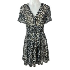 Guess Felicia Leopard Animal Print Short Flutter Sleeve Mini A-Line Dress Sz XS