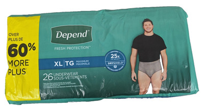 Depend Fresh Protection Disposable Gray Underwear Male Sz XL 26 Ct DryShield