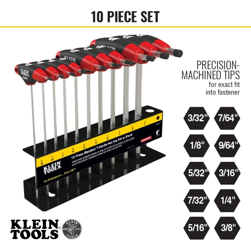 Klein Tools 6 Inch Hex Key Set T Handle Professional Grade 10 Sizes Black Red - Image 3 of 4