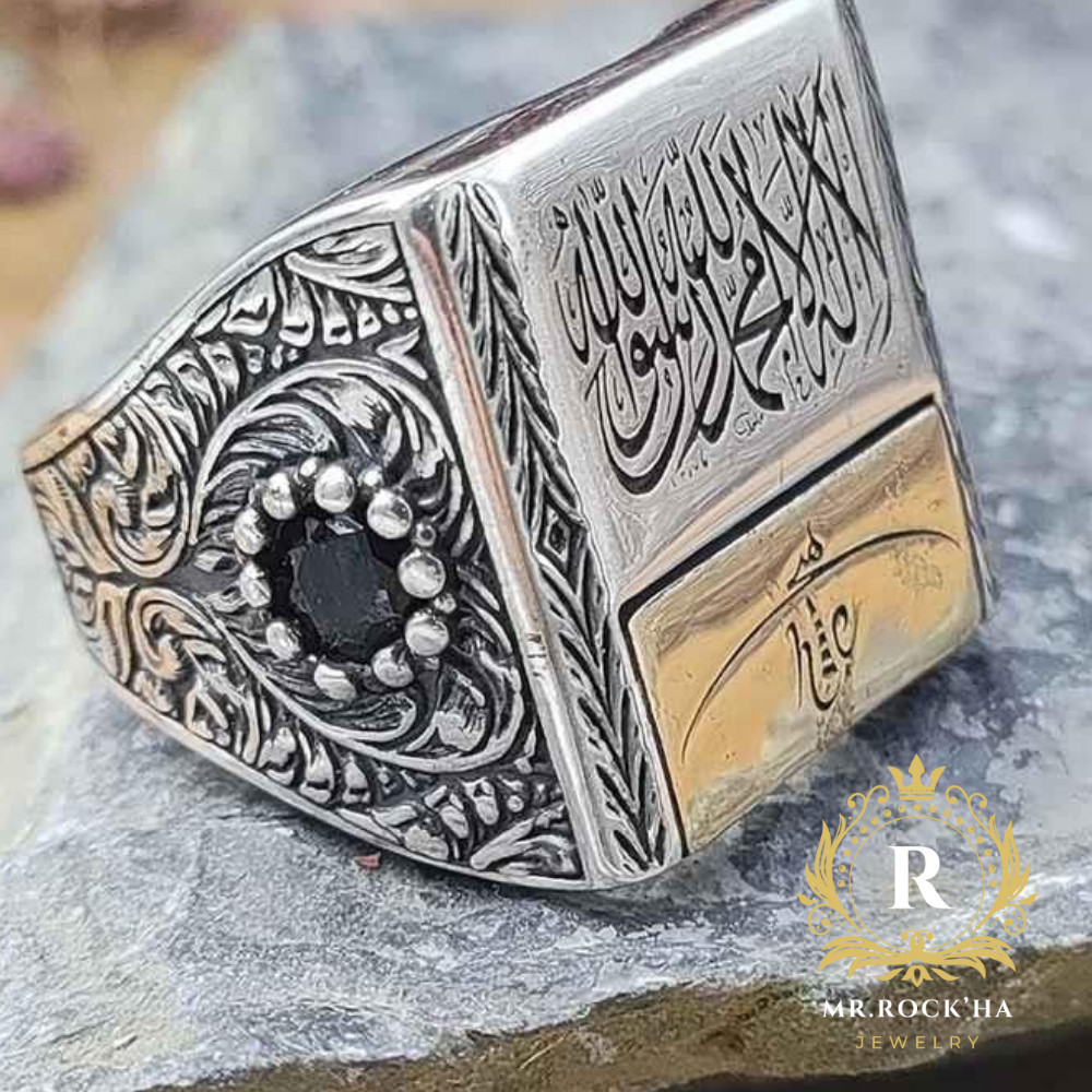 Word of Tawhid Written Engraving,Black Zircon,925 Sterling Silver Men's Ring