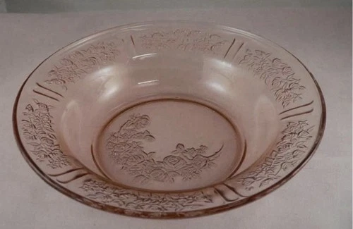 pink depression glass bowl etched vintage