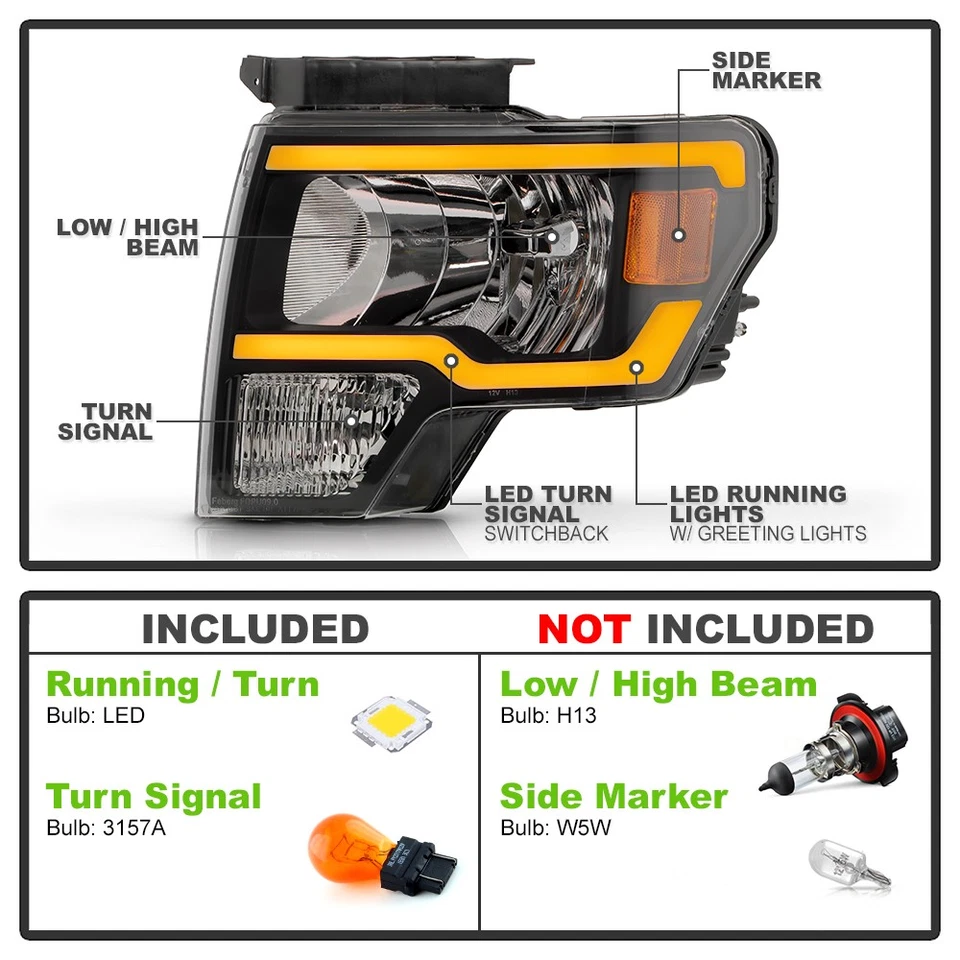 For 2009-2014 Ford F150 LED Tube Sequential Siganl Headlights w/ Greeting Light - Image 4 of 4