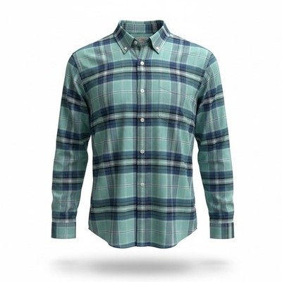 LLBean Men's Plaid Button Down Shirt Slightly Fitted Lg Cotton Blend Blue Green