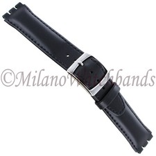 19mm Genuine Oiled Leather Padded Stitched Black Watch Band Fits Swatch
