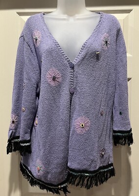 Ann Trinity Women's Beautiful  Embroidery Beaded Cardigan Sweater XL Purple Blue