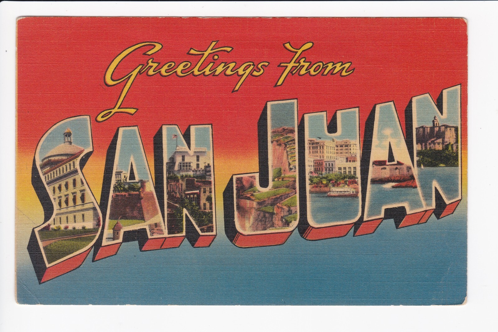 Postal de lino Saludos desde San Juan Puerto Rico