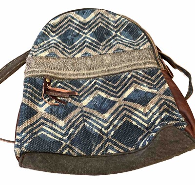 Myra Bag Handmade Mia Backpack Upcycled Canvas Cowhide Leather, Aztec  Boho,