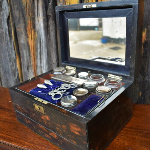 Antique Victorian Coromandel Ladies Dressing Box Silver Set Jewelry Travel Case  - 第 1/11 張圖片