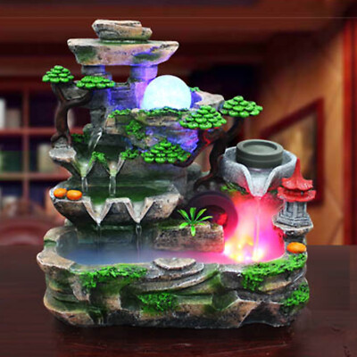 Indoor Water Fountain LED Light Tabletop  Resin Rockery Fengshui Waterfall Decor