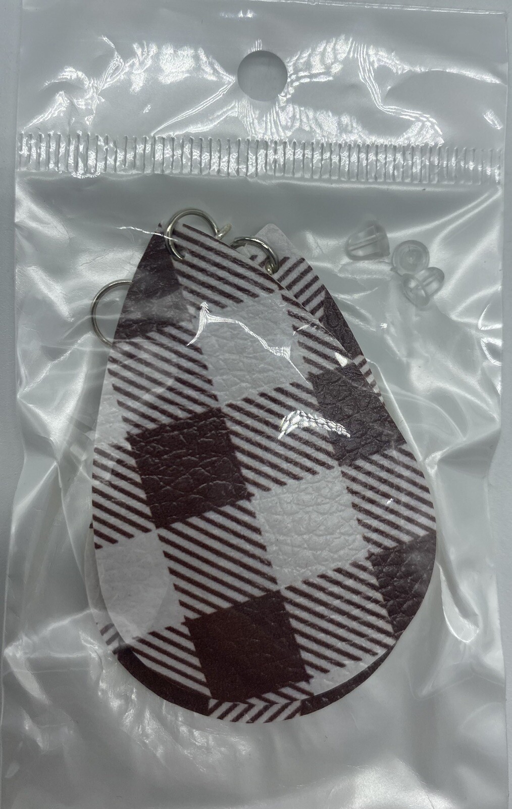 New Plaid Teardrop Dangle Faux Leather Earrings Brown/White