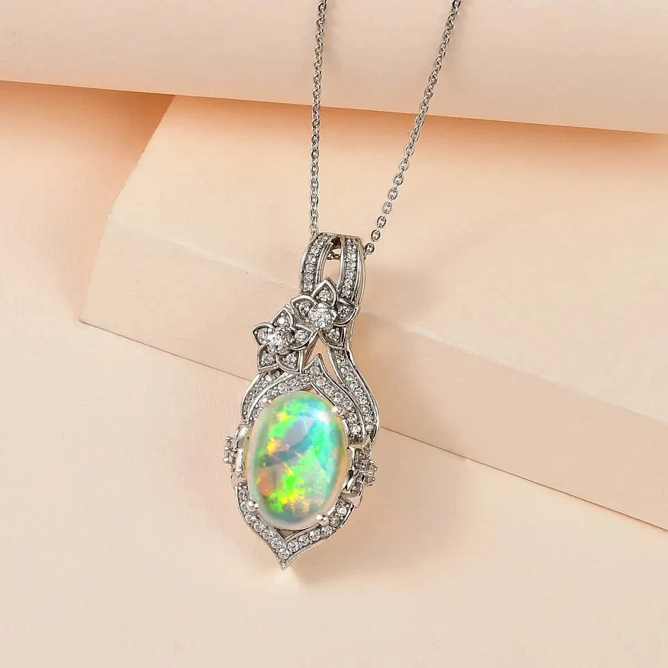 Premium Ethiopian Welo Opal & White Zircon Necklace in Platinum over Silver - Image 2 of 4