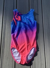 United All Around Sz Child s L Gymnastics Leotard Light Blue/Pink/Stars/Sequin