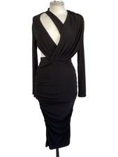 House of CB Black Midi Dress Long Sleeve Cut Out Size S bodycon