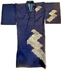 1960s 1970s kimono royal blue waves Japanese Japan original authentic robe VTG