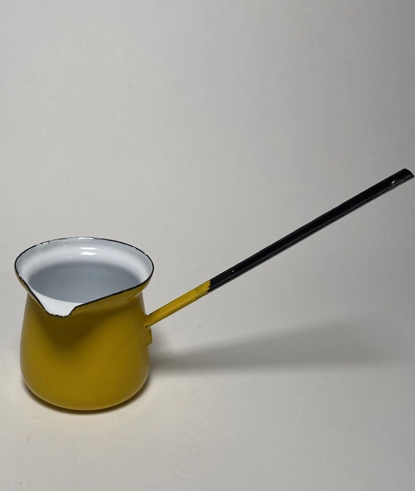 Vintage Yellow Enamelware MCM Ladle Dipper Server Butter Sauce Pot Long Handle