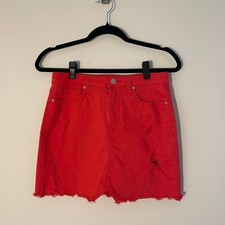 Ivy Main Red denim mini skirt with button fly cotton/spandex size7 distressed