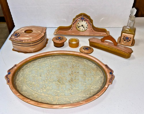 Vintage 1940s Celluloid Bakelite Vanity Set Pieces: Tray, Perfume Bottle, Clock