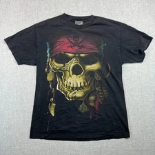 Vintage 90s Y2K Pirate Skull Graphic T Men L Black Faded Distressed Goth Grunge