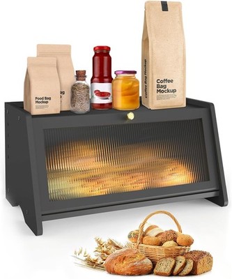 Countertop Bread Box Bamboo with Window, Large Black Bread Bin Air Vents Storage