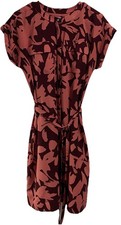 Loft Women Cap Sleeve Tie Waist Button Up Dress Floral Straight Pink&Brick 10