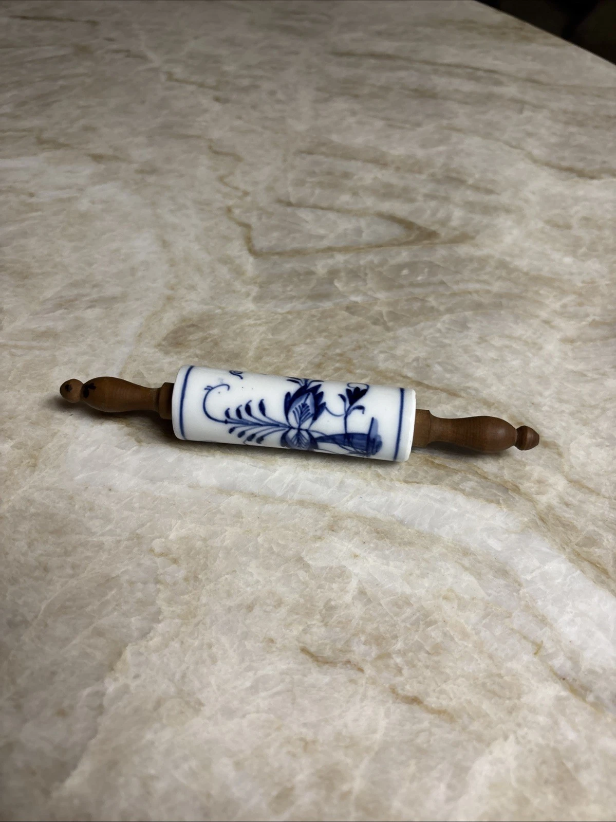 Antique Childs Size Blue Onion Rolling Pin Porcelain