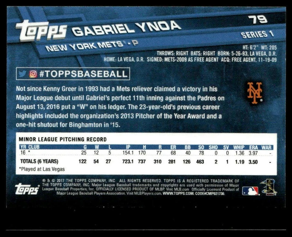 2017 Topps On-Demand Mini #79 Gabriel Ynoa Demand Mini - Red #5/5 - Image 2 of 2