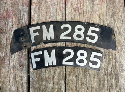 Pair Of Early Vintage Curved Black Motorcycle British License Plates #FM285