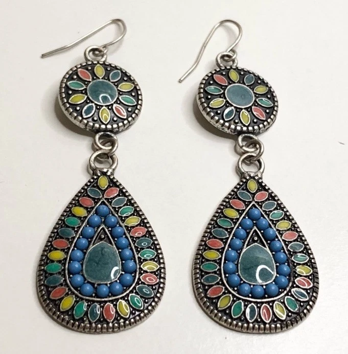 Pendientes colgantes vintage de Coachella con mosaico esmaltado Robert Rose tono plata Foto 2 de 4