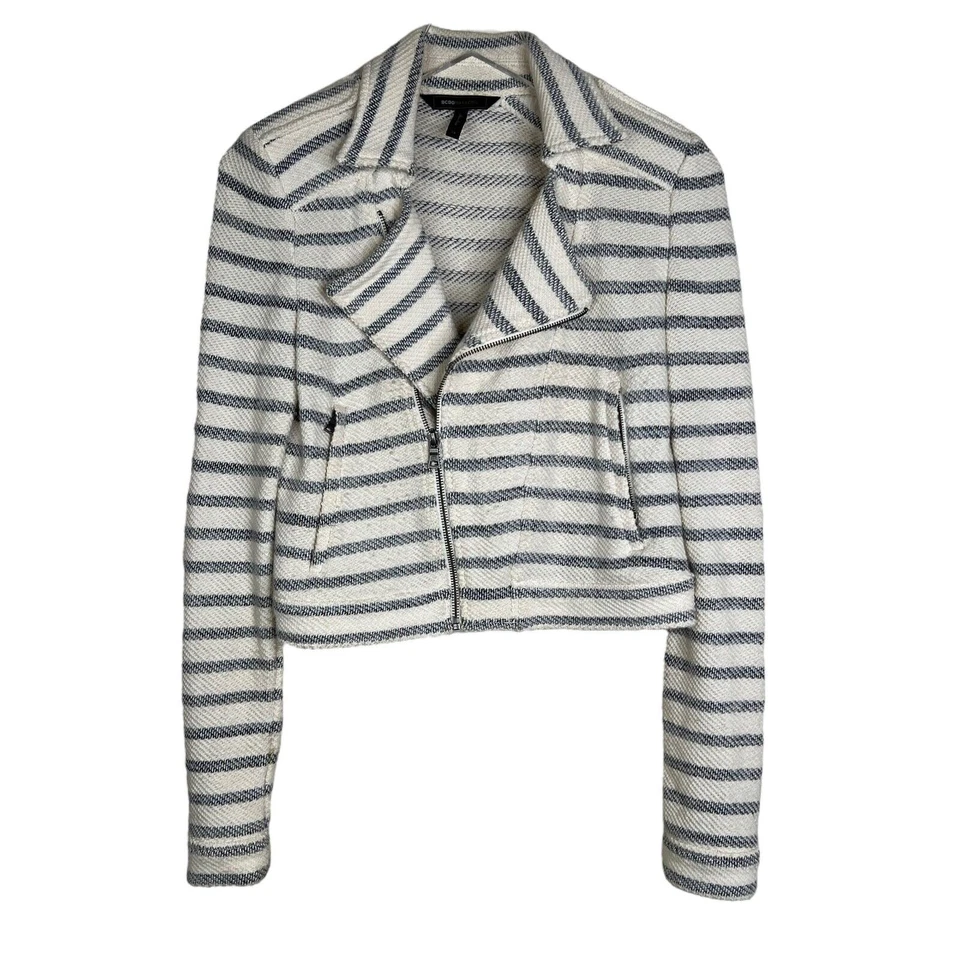 Chaqueta Moto BCBGMAXAZRIA Levi Rayas Asimétrica Cremallera Recortada DEFECTUOSA Blanca XS Foto 3 de 4