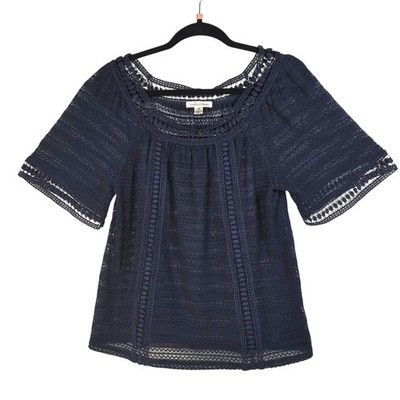 John Paul Richard Navy Blue Crochet Knit Pom Pom Trim Short Sleeve Top Medium