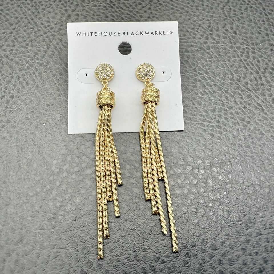 White House Black Market Gold Tone Tassel Drop Earrings Rhinestone Chain Fancy - Image 2 of 4