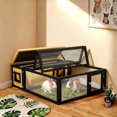 Rabbit Cage with Large Wire Mesh Activity Area and Top & Side Opening Doors