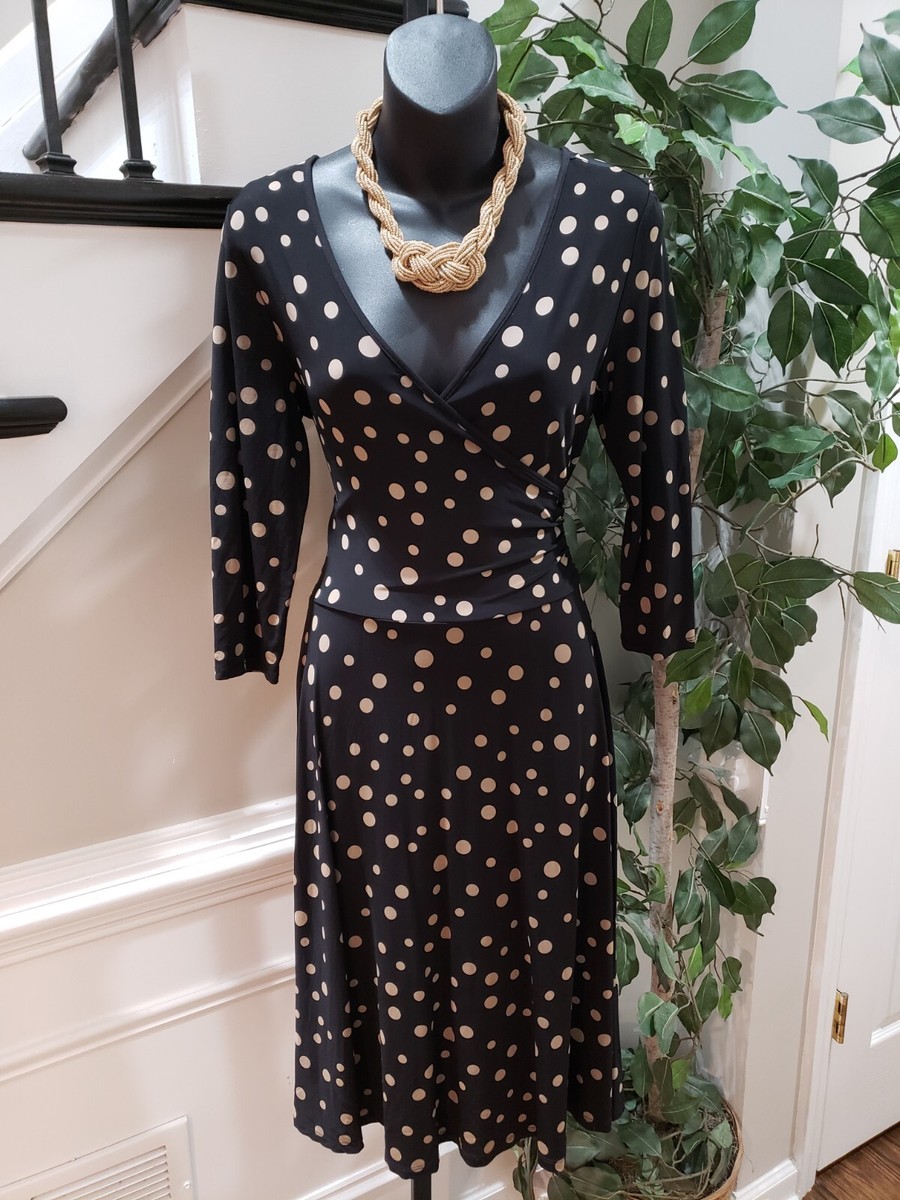 Studio Women's Black Polka Dot Polyester Long Sleeve V Neck Wrap Dress Size  6 | eBay