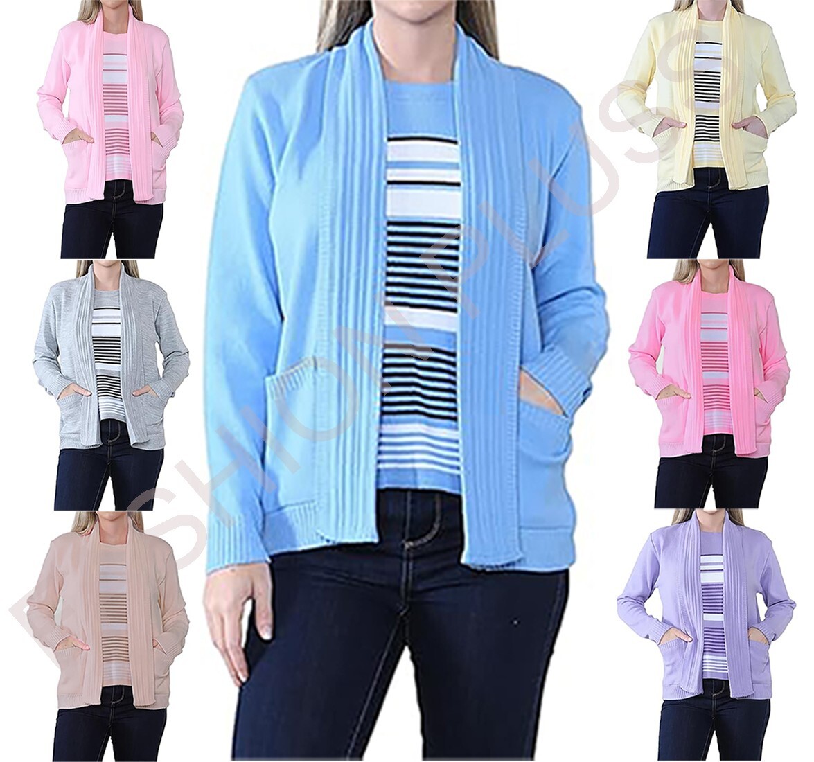 Ladies Striped Twin Set Knit Cardigan Jumper Women Long Sleeves