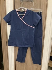 Just Love Womens Elastic Waist Blue Scrubs Pants/Shirt Short Sleeve V Neck Small