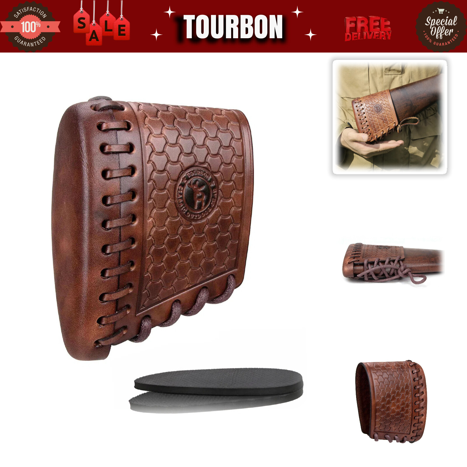 TOURBON Leather Rifle Recoil Pad Shotgun Butt Stock Protect Cover Range Shooting