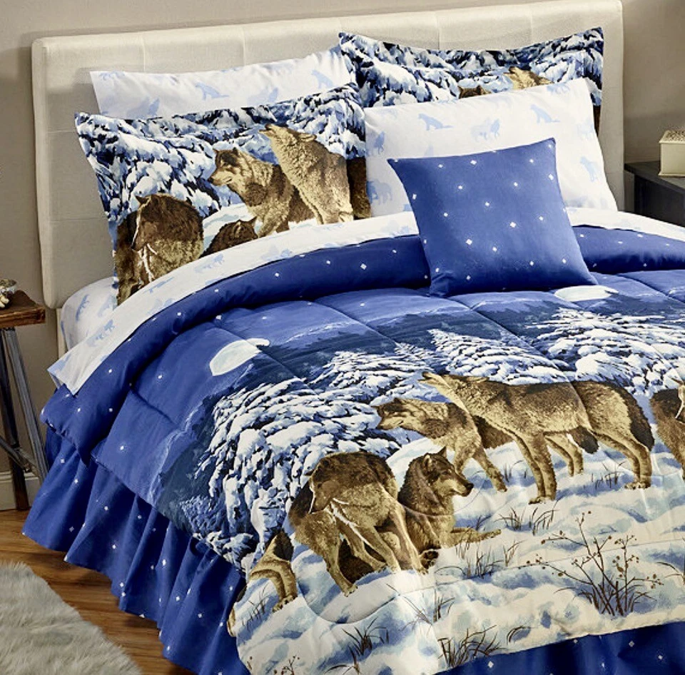 MIDNIGHT WOLVES Bed In Bag Howling Pack Wolf Bedding Blue Comforter & Sheet Set - Image 2 of 4