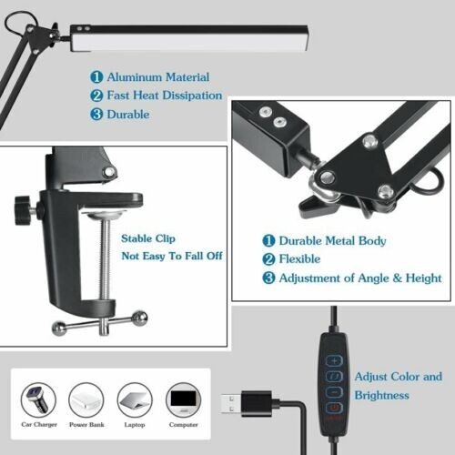 LED Adjustable Swing Arm Lamp, 3 Colors ModeArm Desk Light with Clamp, Reading - Picture 4 of 13