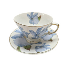 NEW GRACE WHITE,BLUE IRIS FLOWER,GOLD TRIM TEA MUG CUP,TEACUP SAUCER