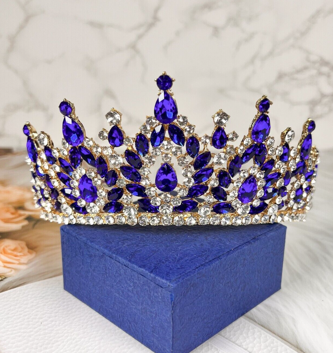 Baroque Vintage Gold Crystal Tiara, Wedding Gemstone Blue  display picture 1
