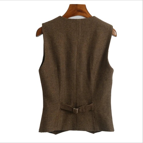 Damen Anzugweste Fischgrät Tweed V-Ausschnitt 4 Knopf Weste Damen Retro Slim... - Bild 4 von 16