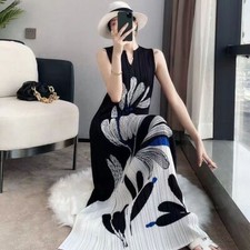 Pleated Print Vest Skirt Long Dress Summer New Elegant Womens Sleeveless Dresses