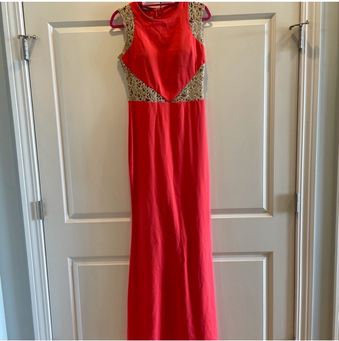 Prom/ Formal Dress. Coral Colored Floor Length Gown with Gold Cut Outs | eBay Prom/ Formal Dress. Coral Colored Floor Length Gown with Gold Cut Outs | eBay