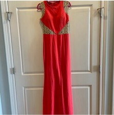 Prom/ Formal Dress. Coral Colored Floor Length Gown with Gold Cut Outs