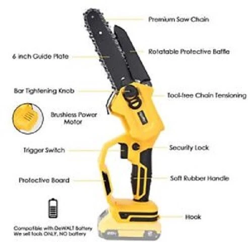 Mellif Mini Chainsaw 6 Inch for Dewalt 20V MAX Battery and Case Bare Tool Only - Image 4 of 4