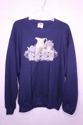 JERZEES BLUE W/MULTI TEA SET PRINT CREW NECK LONG SLEEVE SWEATSHIRT SZ L #U37